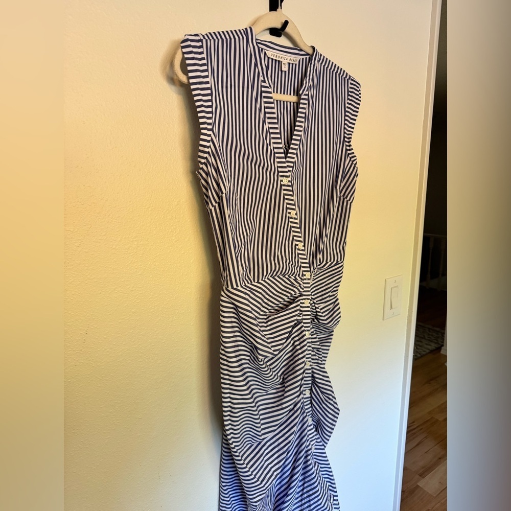 Veronica Beard Ruched Striped Cotton Shirt Dress Sleeveless Size 10 Blue EUC - Picture 7 of 13